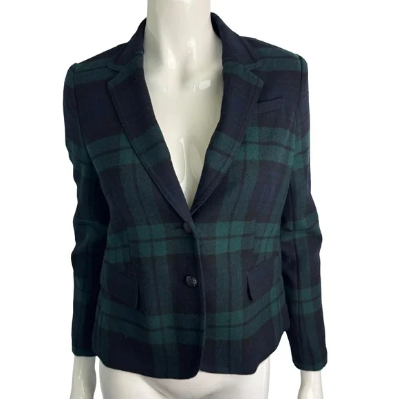 Banana Republic Green Navy Plaid Wool Blazer | Cropped Fit 4P Petite - Picture 1 of 6